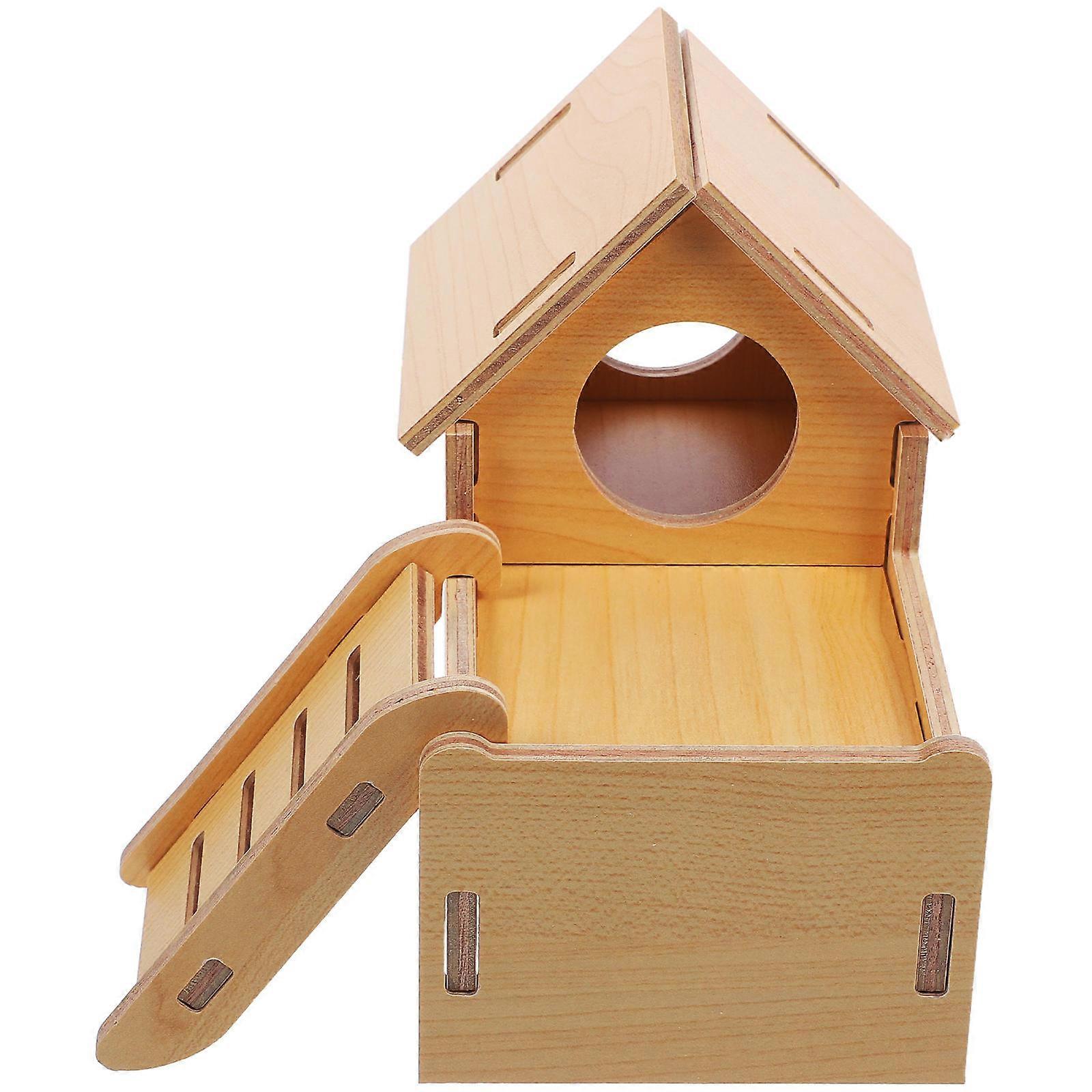 Hamster Hideout Natural Wood House for Small Pets Khaki Color Versatile Decor 9.5 x 7 x 7.5 Inches