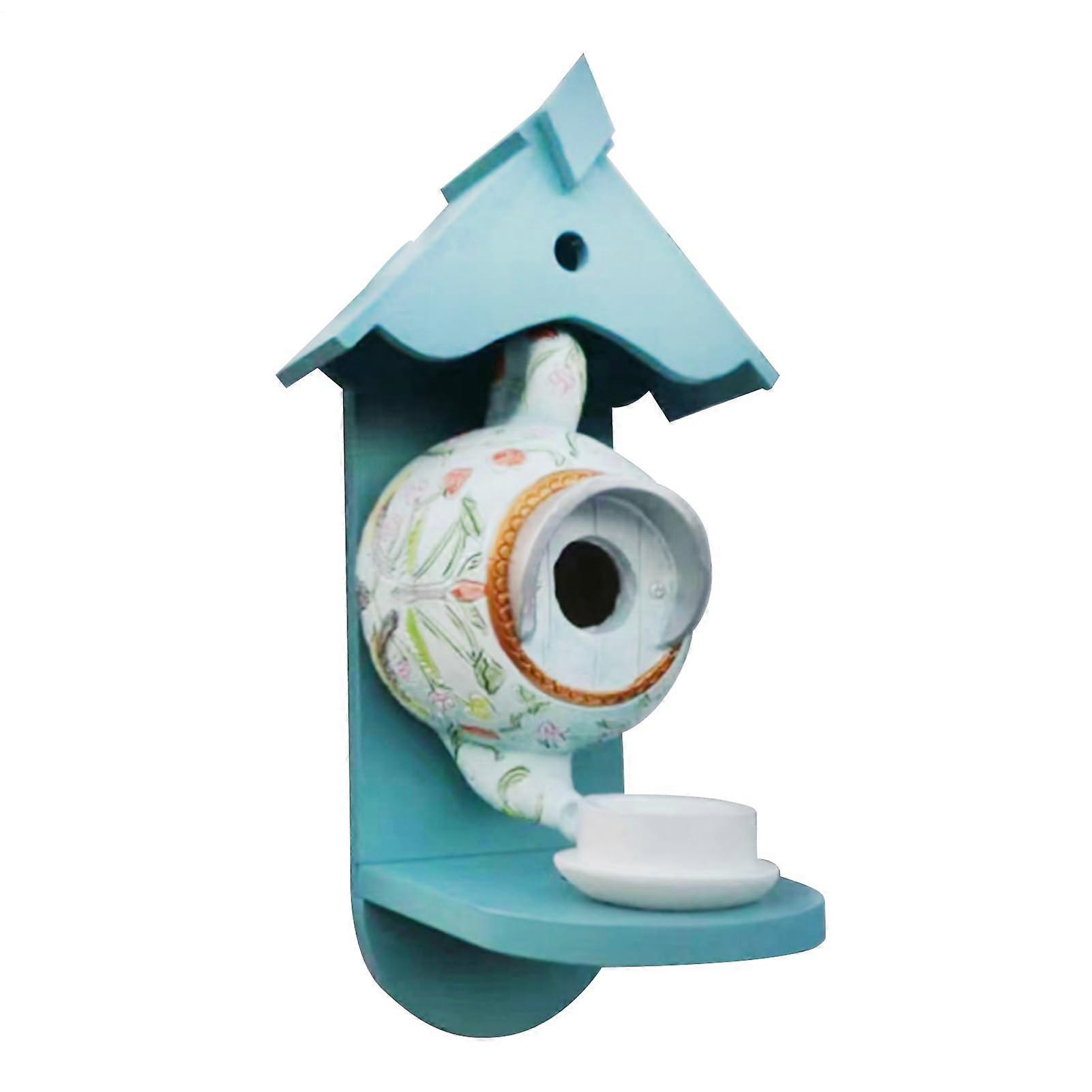 Bird House Feeder Teapot Decorative Hanging Birdhouse for Garden and Backyard, Blue Tree Decoration with Hooks