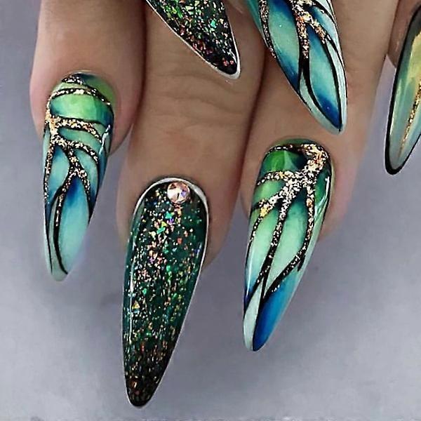 Glossy Coffin False Nails Green Long Press on Nails Metallic Mirror Effect F