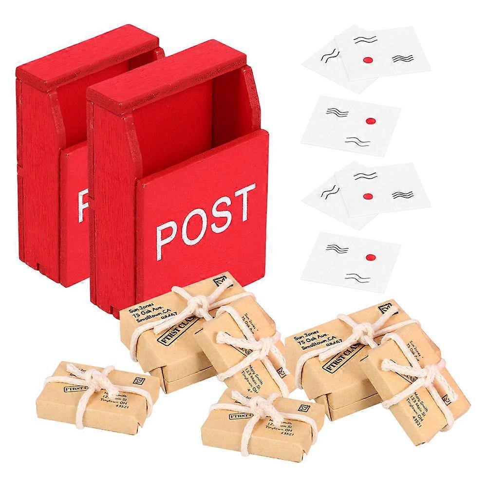 Durable Wooden Mini Mailbox and Mail Sack Set for Dollhouse Decoration Assorted Color 2 Sets