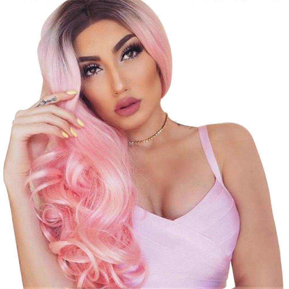 Pink Fake Headgear for Cosplay Use High Temperature Silk Wig with Bangs One Size Fits Most Ladies