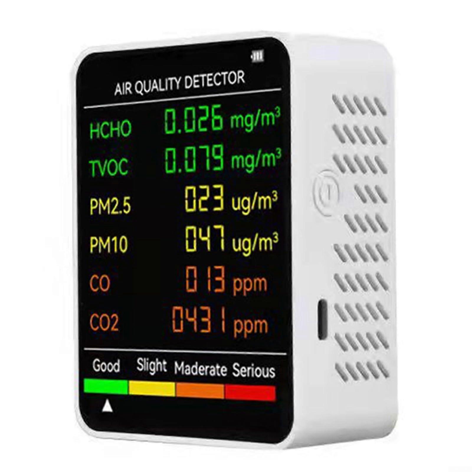 Air Quality Detector 6-in-1 CO2 PM2.5 PM10 TVOC Meter Indoor Temperature Humidity Tester Portable White