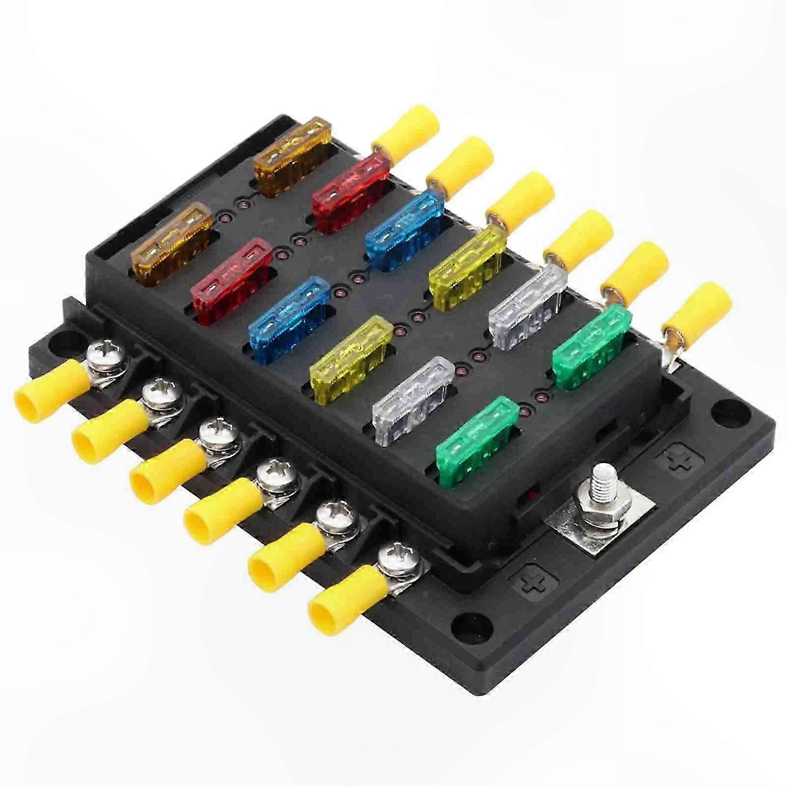 12 Circuit Blade Fuse Block with LED Light Indicator Cover for Automotive and Marine Use
