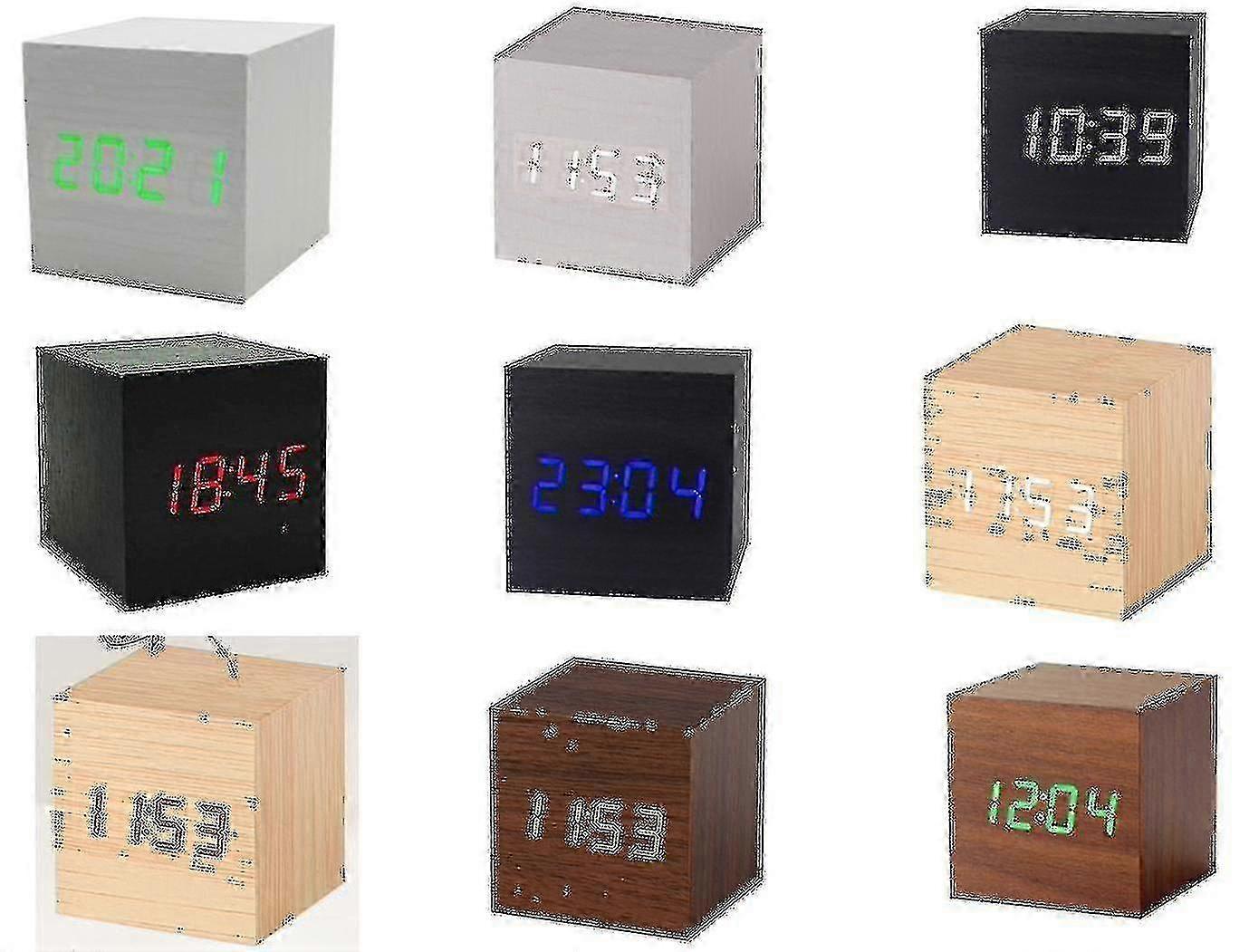 Cube LED Digital Clock with Time, Date & Temperature Display - Sound Activated in Black and Red