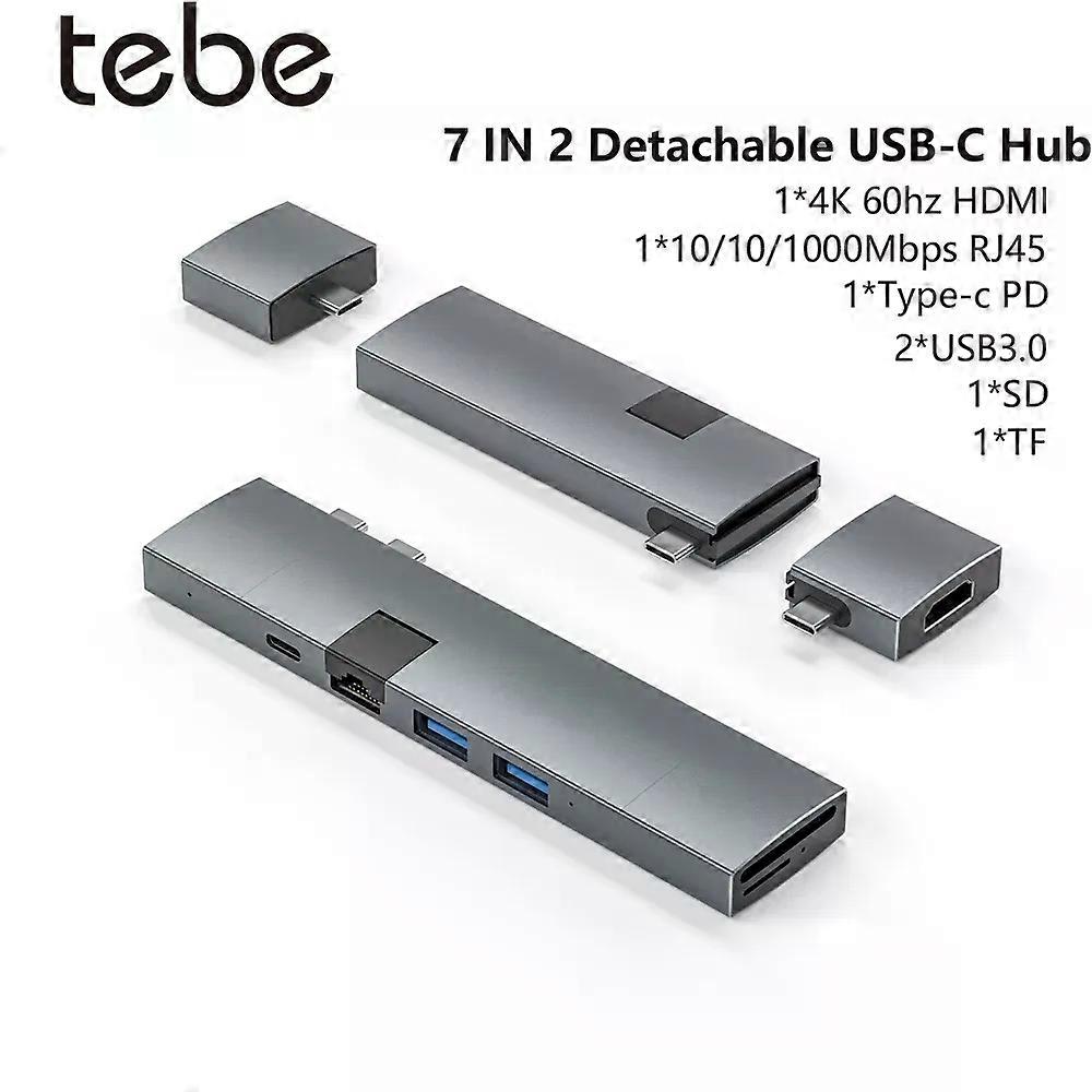 Tebe 7 IN 2 Hub USBC détachable Type-c vers 4K 60HZ HDMI-adaptateur Gigabit RJ45 Ethernet Multi USB 3.0 SD/TF Splitter pour Macbook Pro