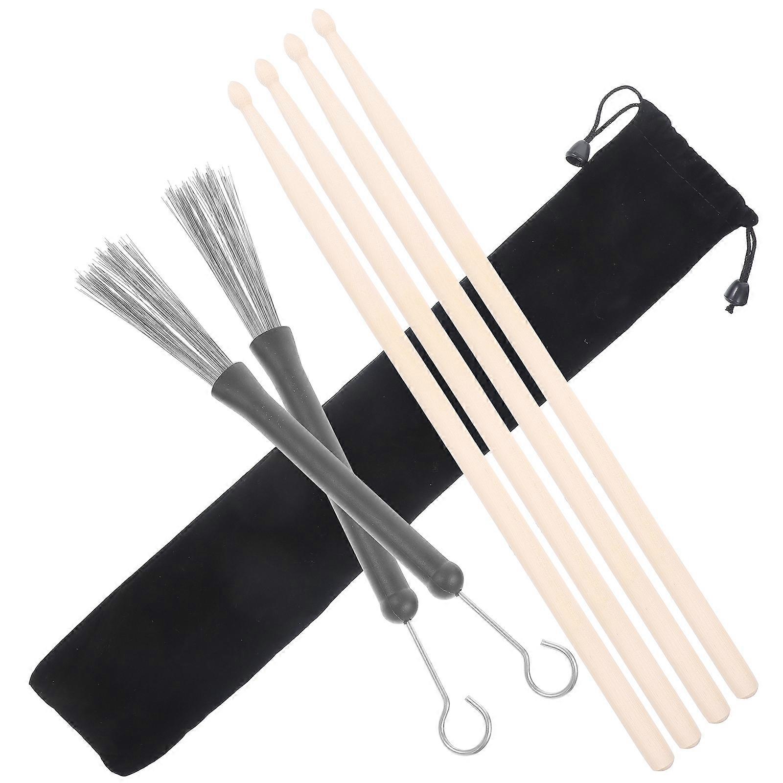 3Sets Maple Wood Drumsticks and Steel Wire Drum Brushes Percussion Kit