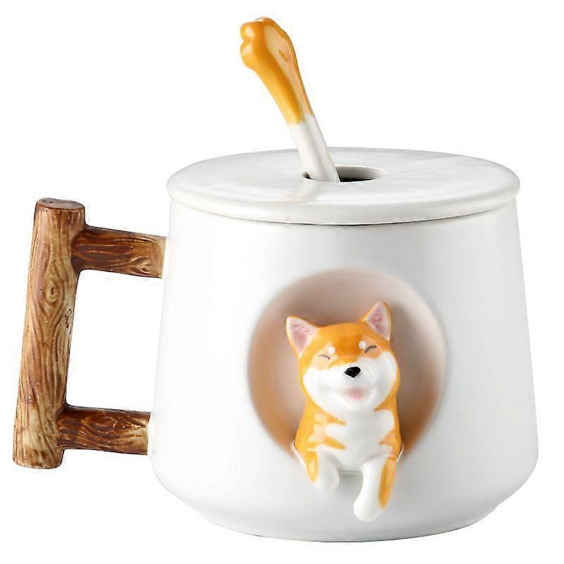 Ceramic coffee cup, cute mug with lid and spoon White