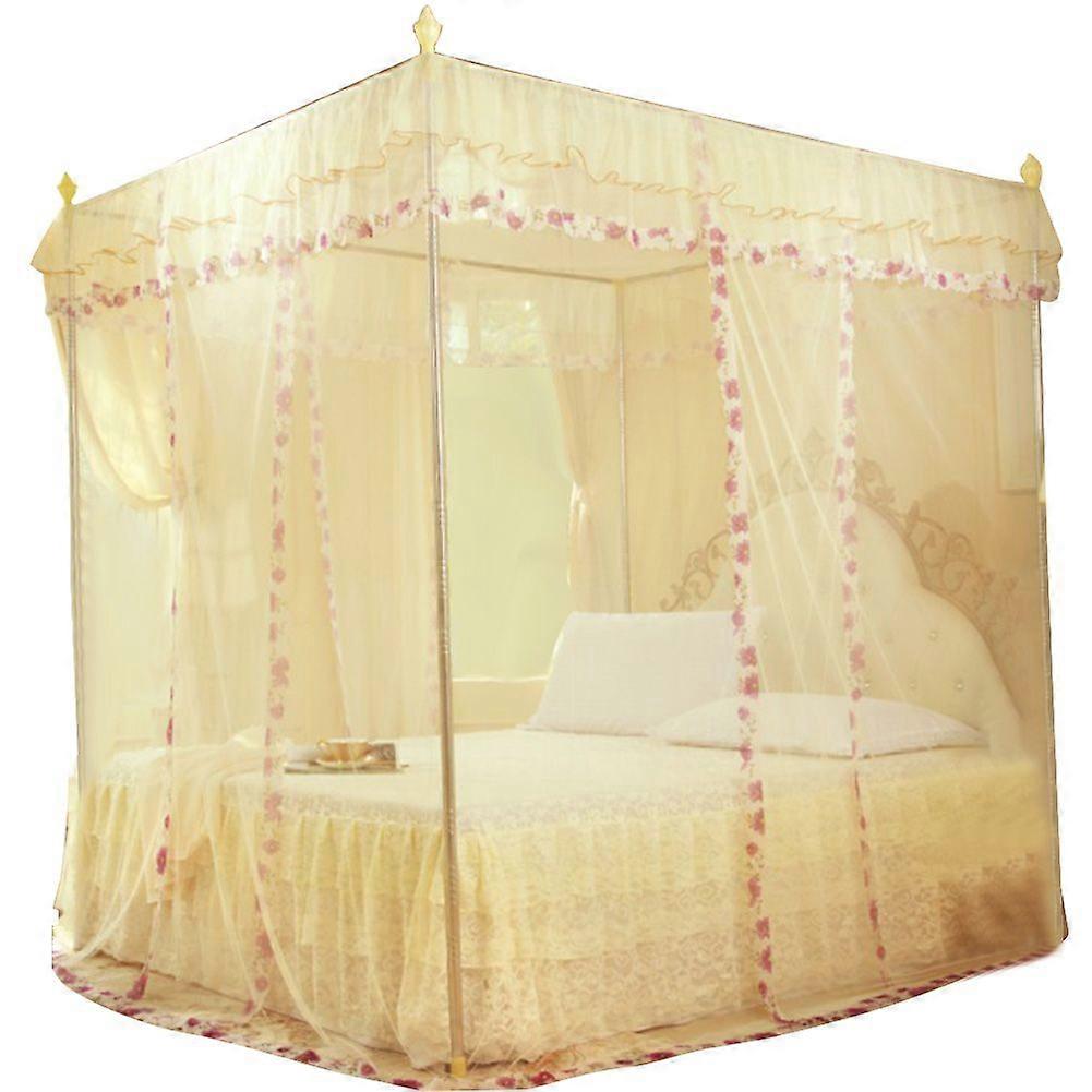 Luxury Princess 3 Side Openings Post Bed Curtain Canopy Netting Mosquito Net Bedding (Yellow S)