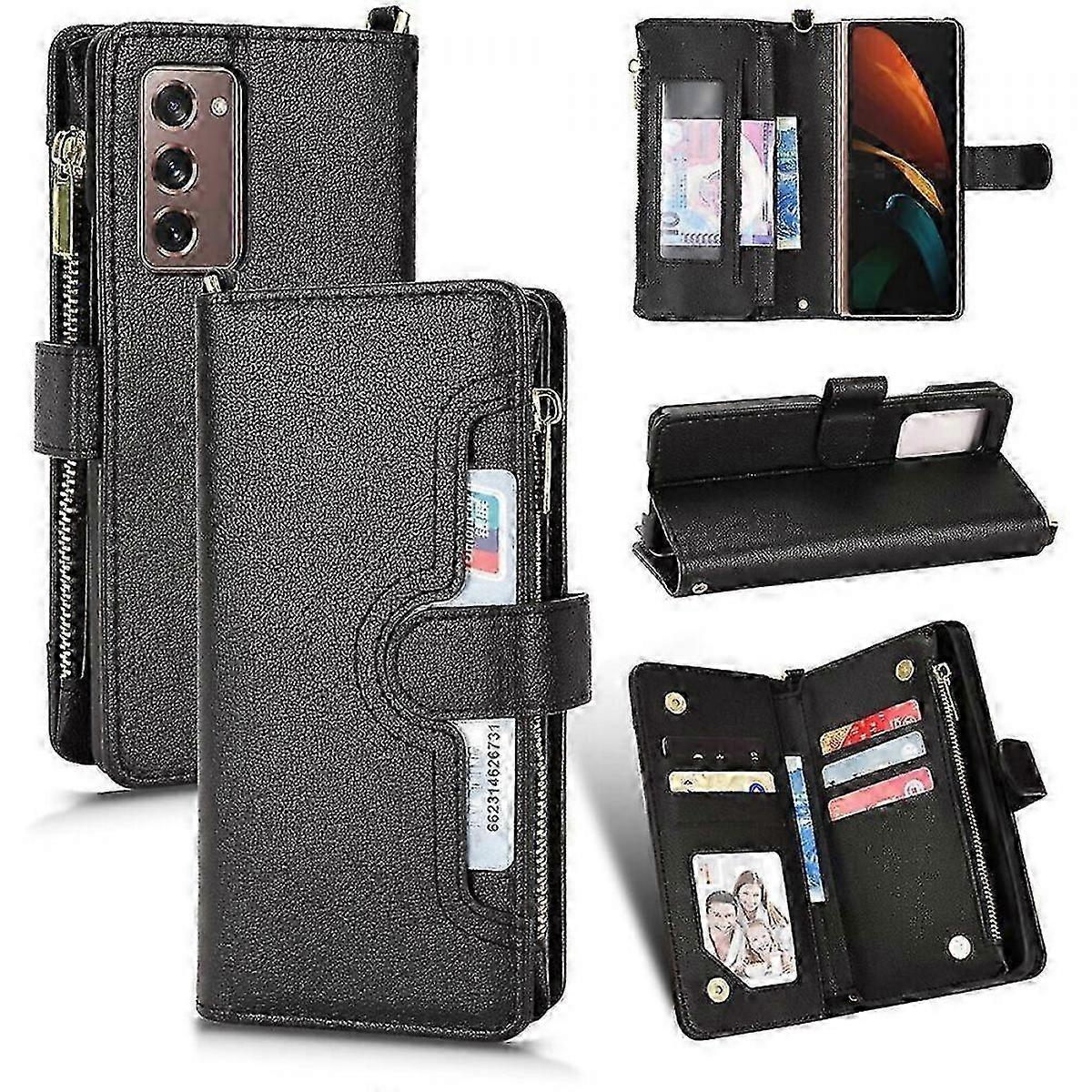 Galaxy Z Fold 2 Magnetic Wallet Case with Card Holder & Zipper Closure, PU Leather Flip Cover