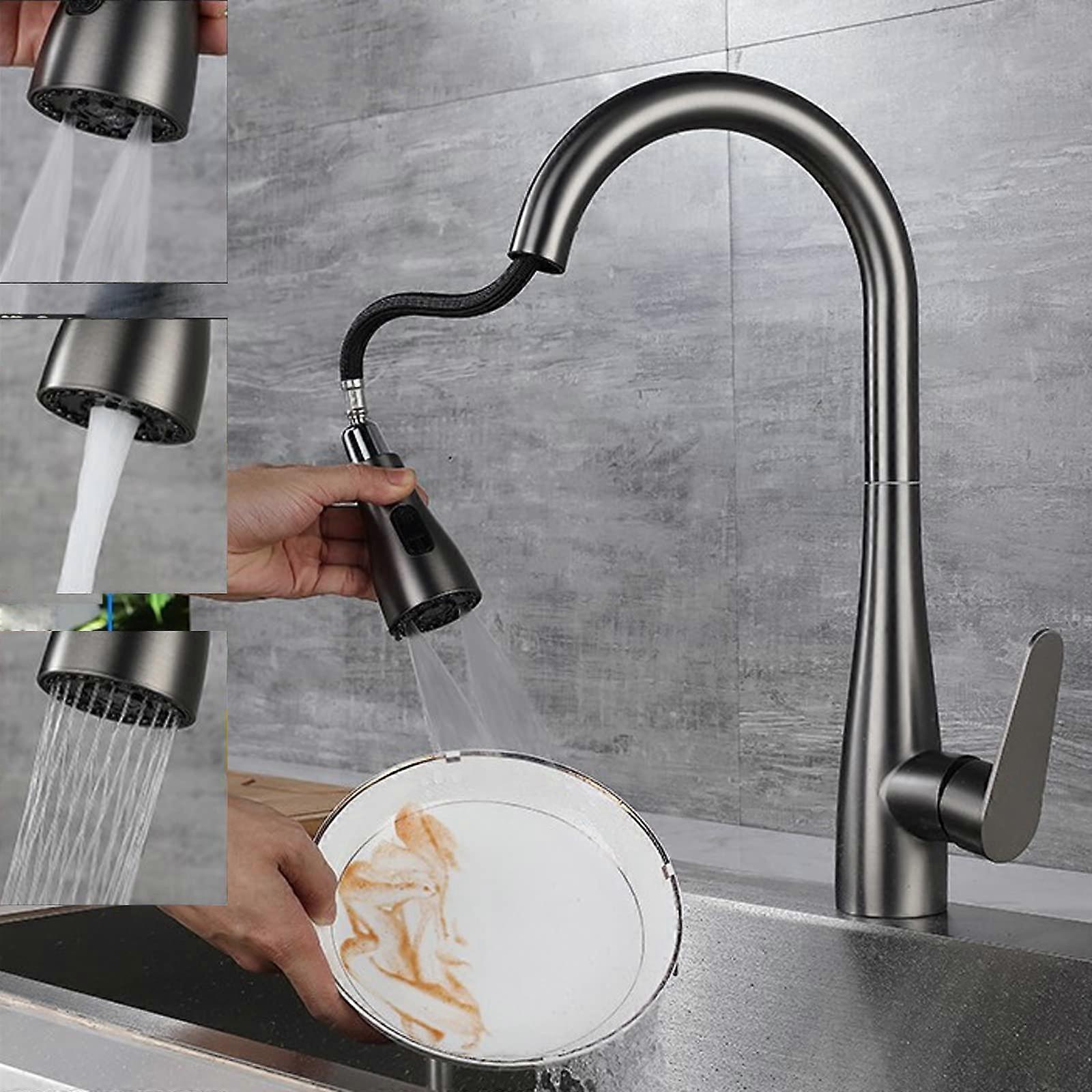 Kitchen Faucets, PullDown Sprayer, Commercial Stainless Steel Faucet For Kitchen Sink, ThreeFunction, Gun Grey