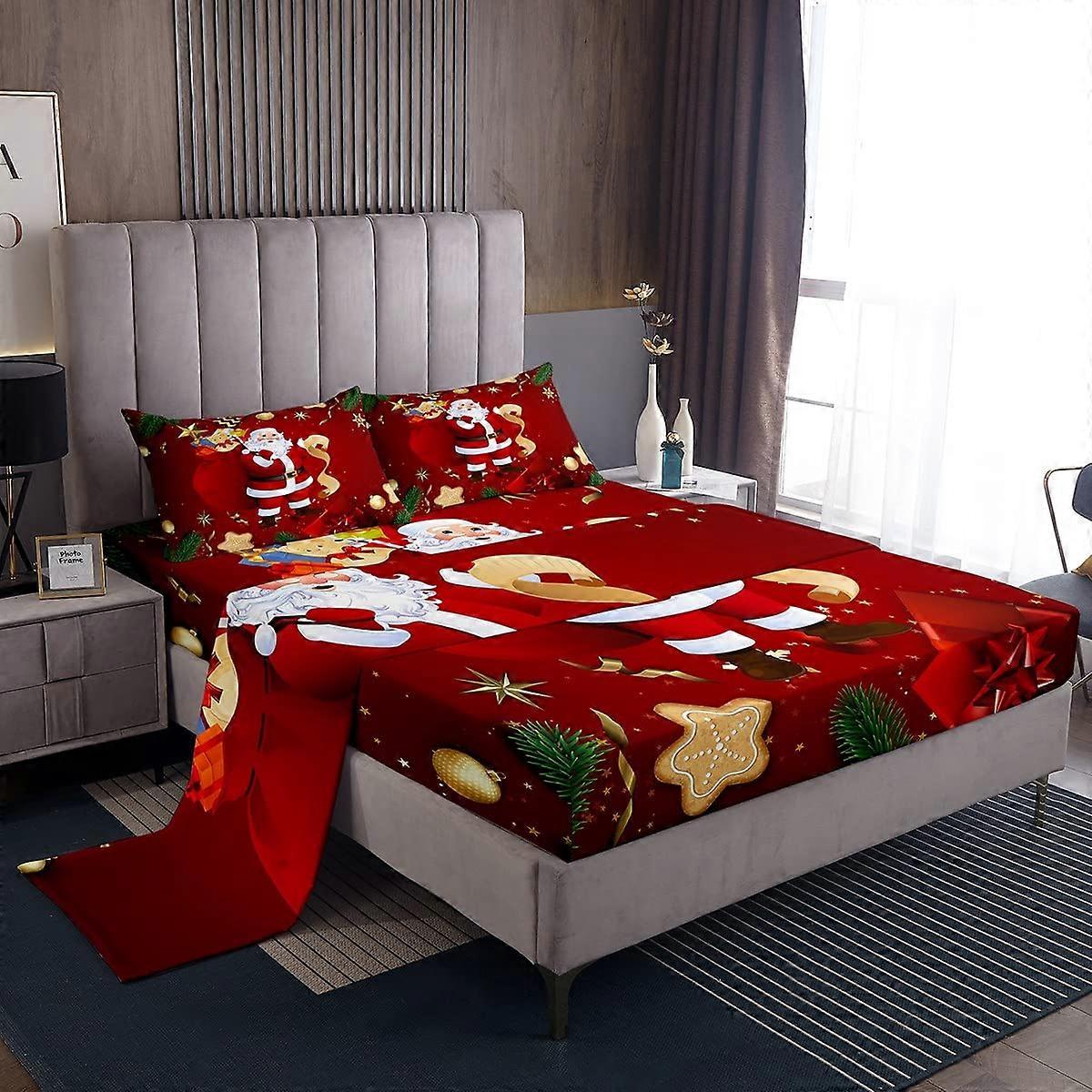 Christmas Bed Sheet Set Santa Claus Print Fitted and Flat Sheets Red Bedding King Size with 2 Pillowcases for Kids