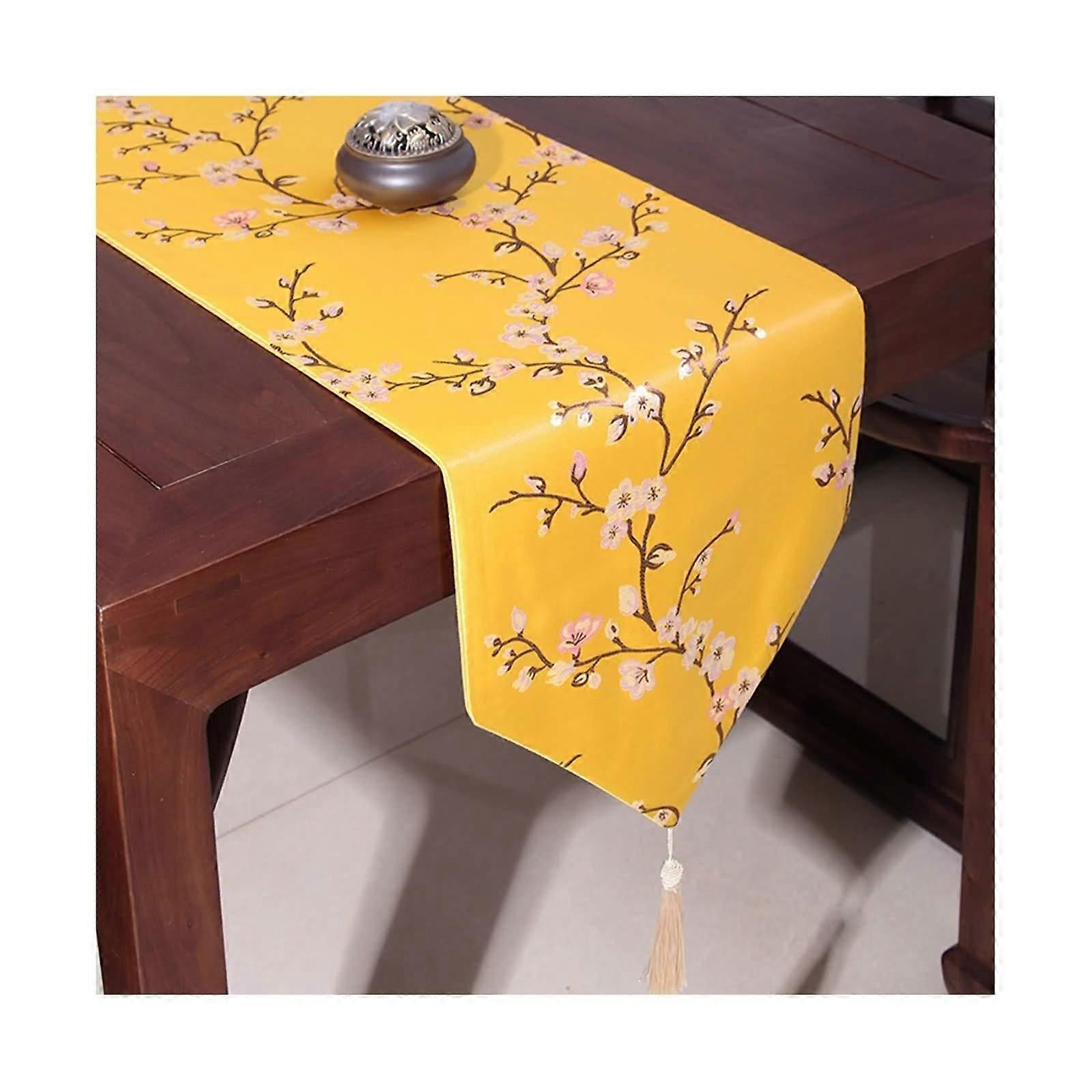Table Runner 33x210 Cm Polyester Flower Pattern With Tassel Yellow