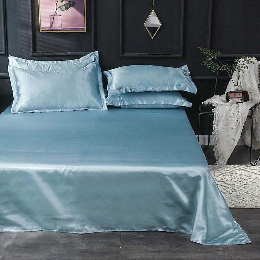 Satin Bed Sheets Set 3pcs Soft Solid Color for Single Twin Beds, Blue 180x230cm