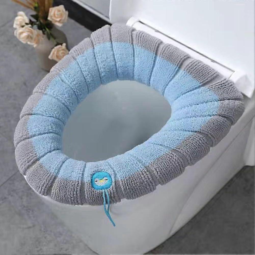 Soft Stretchable Washable Toilet Seat Cover with Retaining Ring, Fully Enclosed Design for O/U/V Shape Toilets, Polyester Blue with Gray
