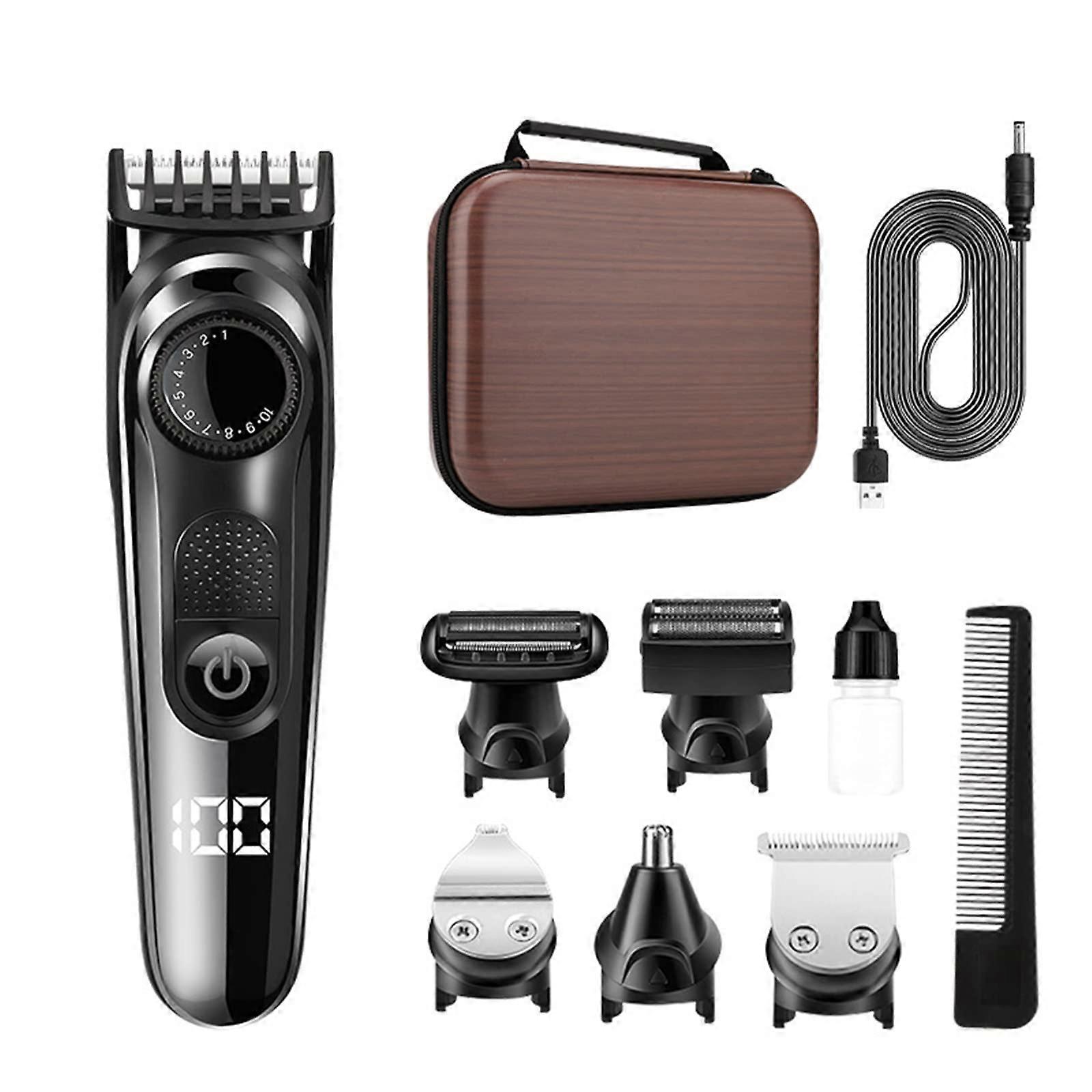 Electric Hair Trimmer Kit for Men 5 in 1 Cordless Rechargeable Beard Body Shaver with Adjustable Length Digital Display