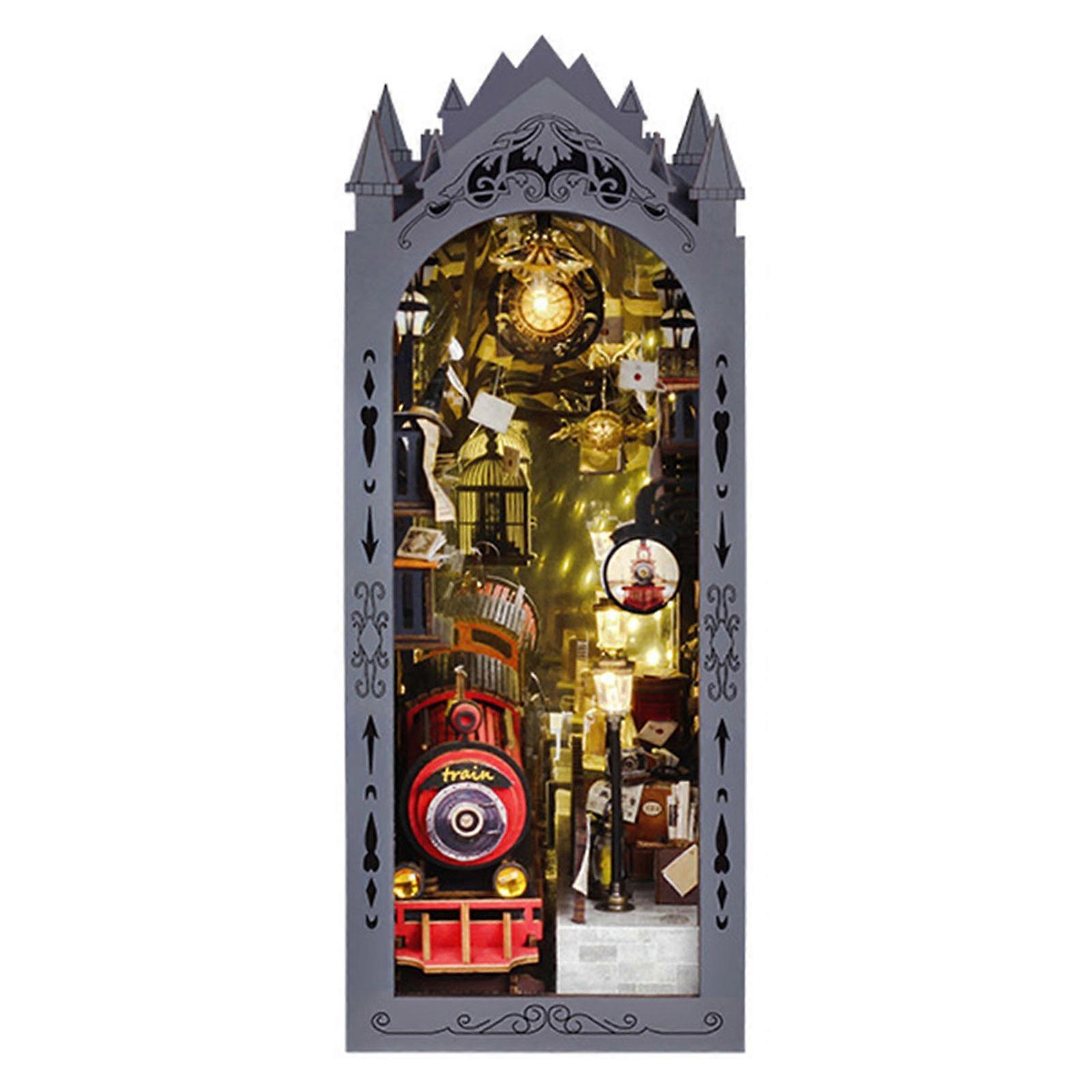 Wood Craft Set Miniature Architecture Book Insert With LED Light Bookshelf Materials For Adults And Kids Multicolor