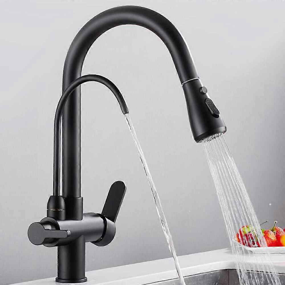 3 Way Kitchen Sink Mixer Tap with PullOut Spray, Brass 360° Rotating Hot Cold Filter Faucet Black
