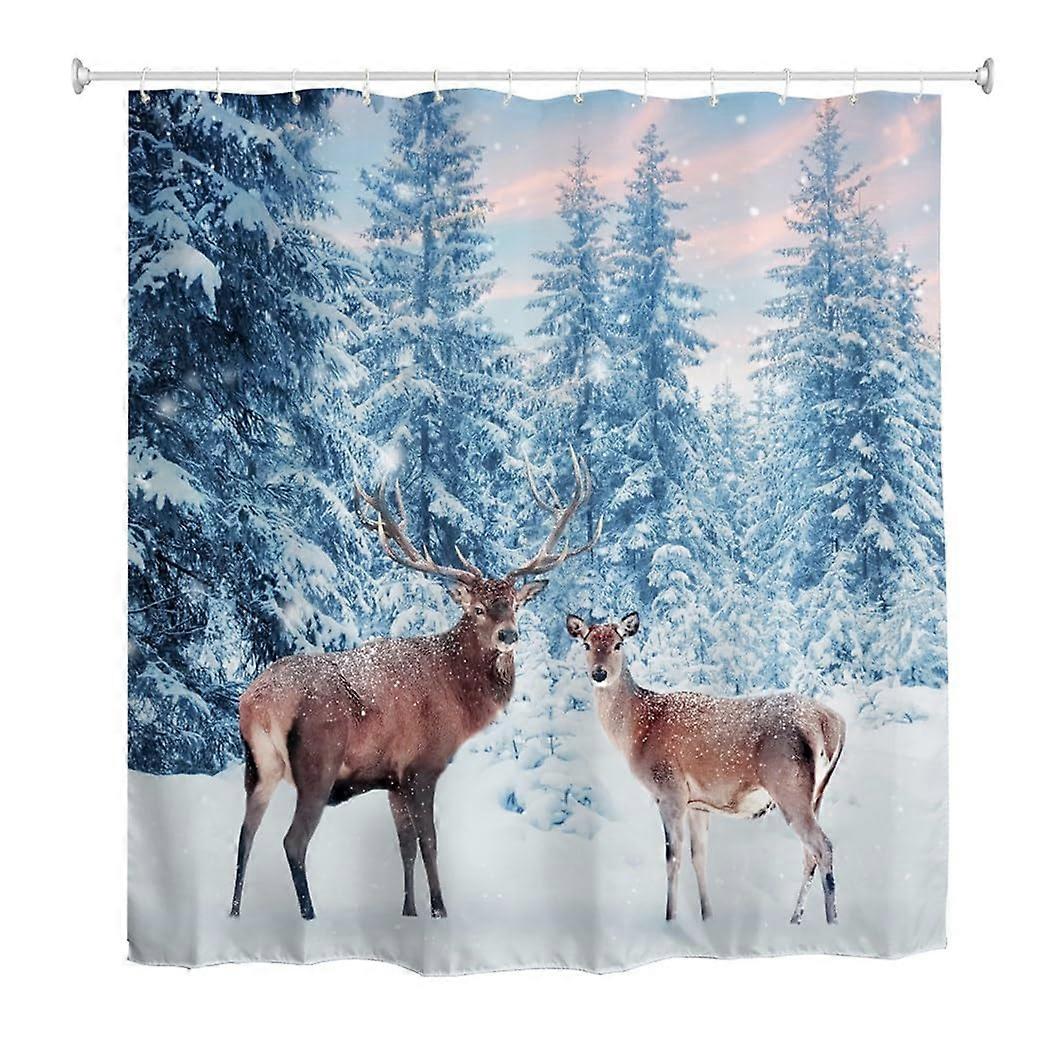 Forest Shower Curtain Waterproof Fabric with Deer Print, Winter Woodland 72x72 Rustproof Grommets
