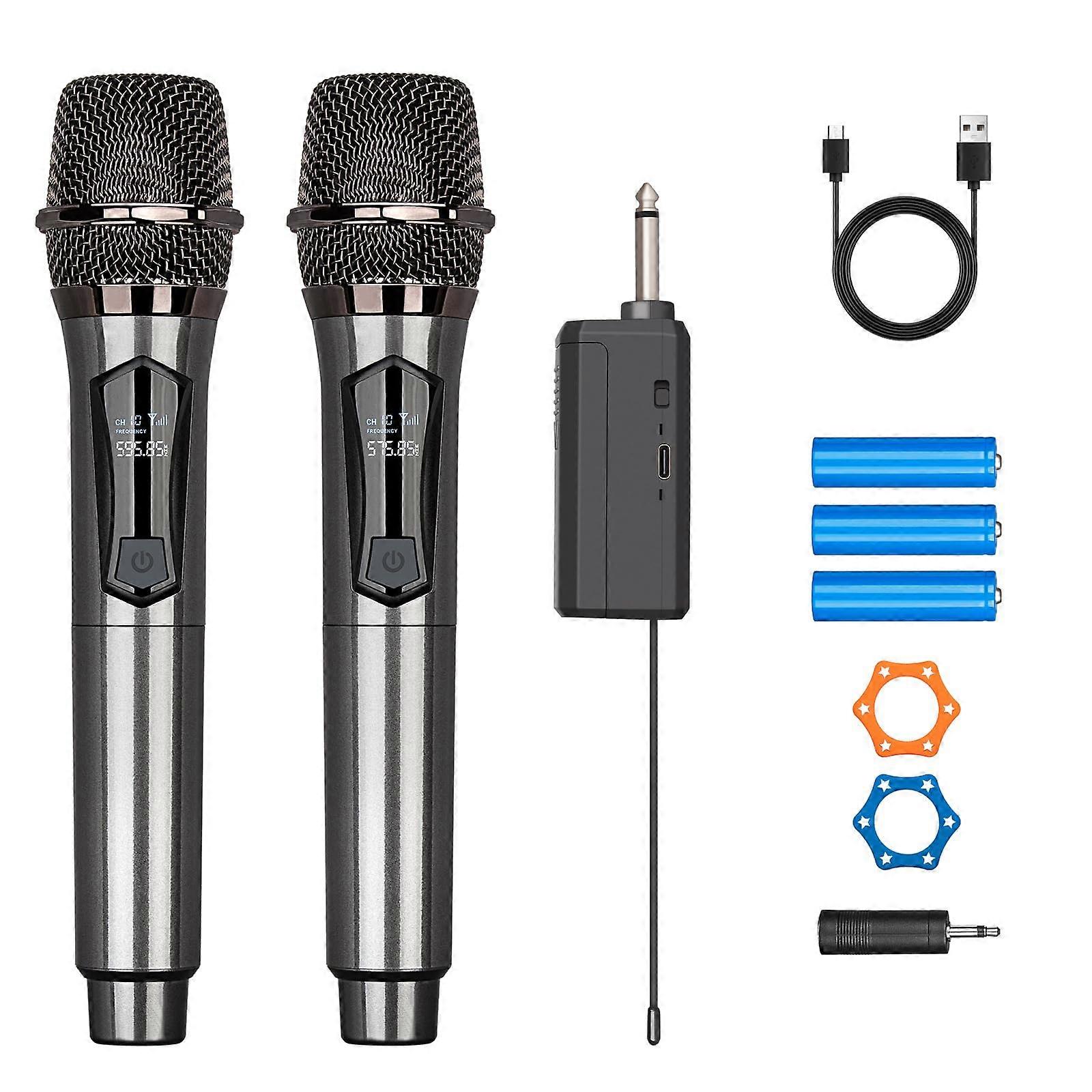 Wireless Karaoke Microphone Set with Dual Handheld Dynamic Mics, 200ft Range, Rechargeable, Gray