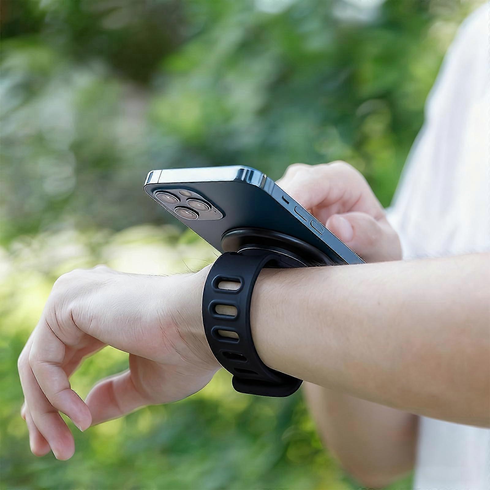 Magnetic Phone Wrist Strap with Foldable Stand, Adjustable Holder Band for Cycling and Workouts, Black 26cm