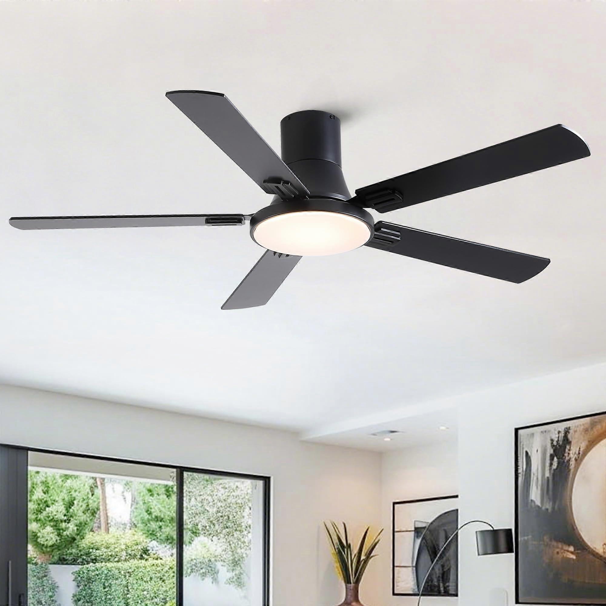 52 Inch Black Flush Mount Ceiling Fan with Light, Remote, 6Speed Reversible DC Motor, LED Ref:8400