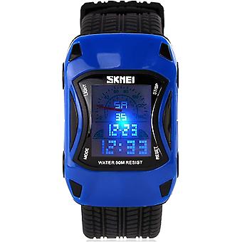 Veeki Kinderauto geformte wasserdichte Multifunktions-Alarm-Stoppuhr-Sportuhr Studenten schönes Geschenk grünes Gehäuse schwarze Gummiuhr (blau)