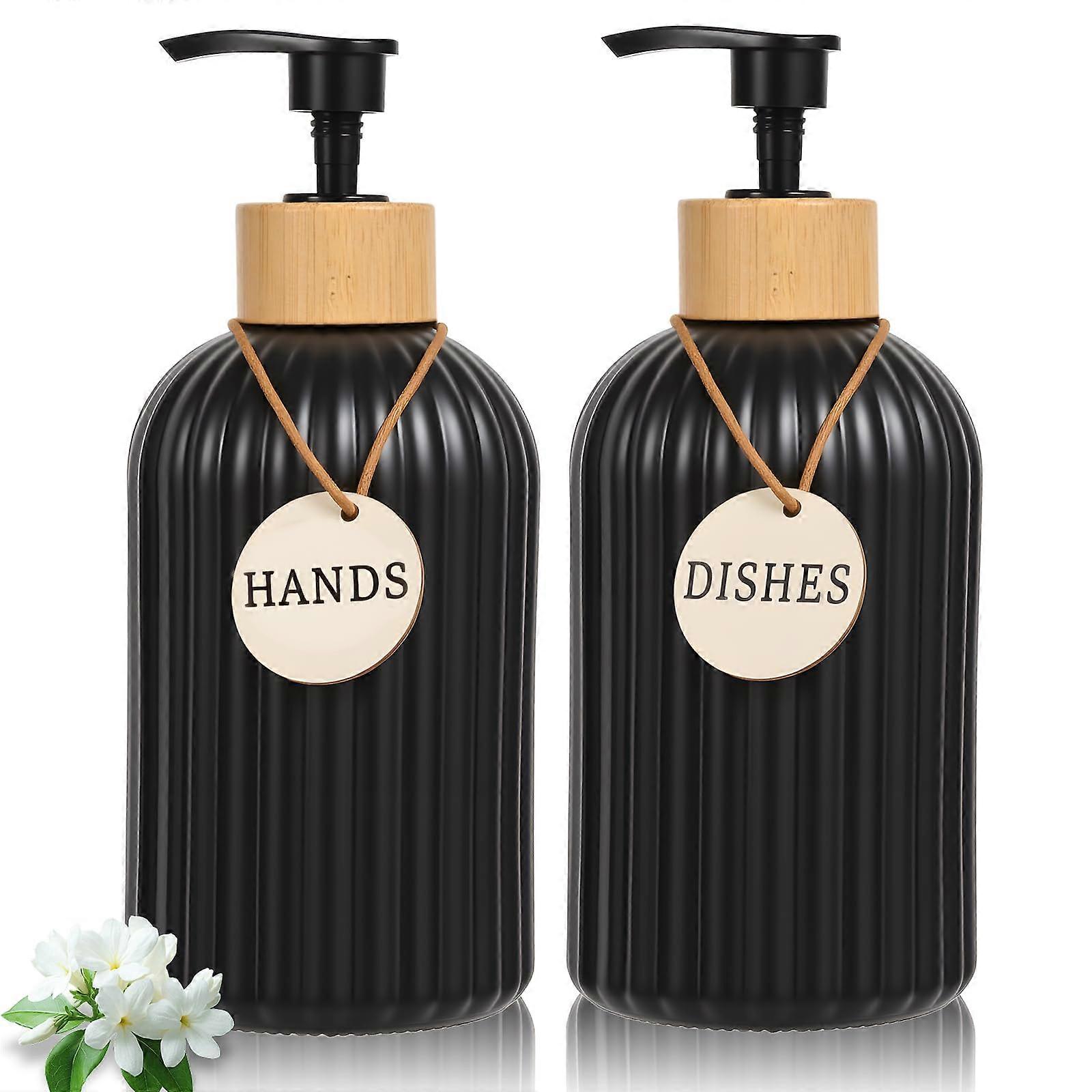 2 Pack Glass Soap Dispenser Set with Bamboo Pump, Refillable for Bathroom or Kitchen Sink