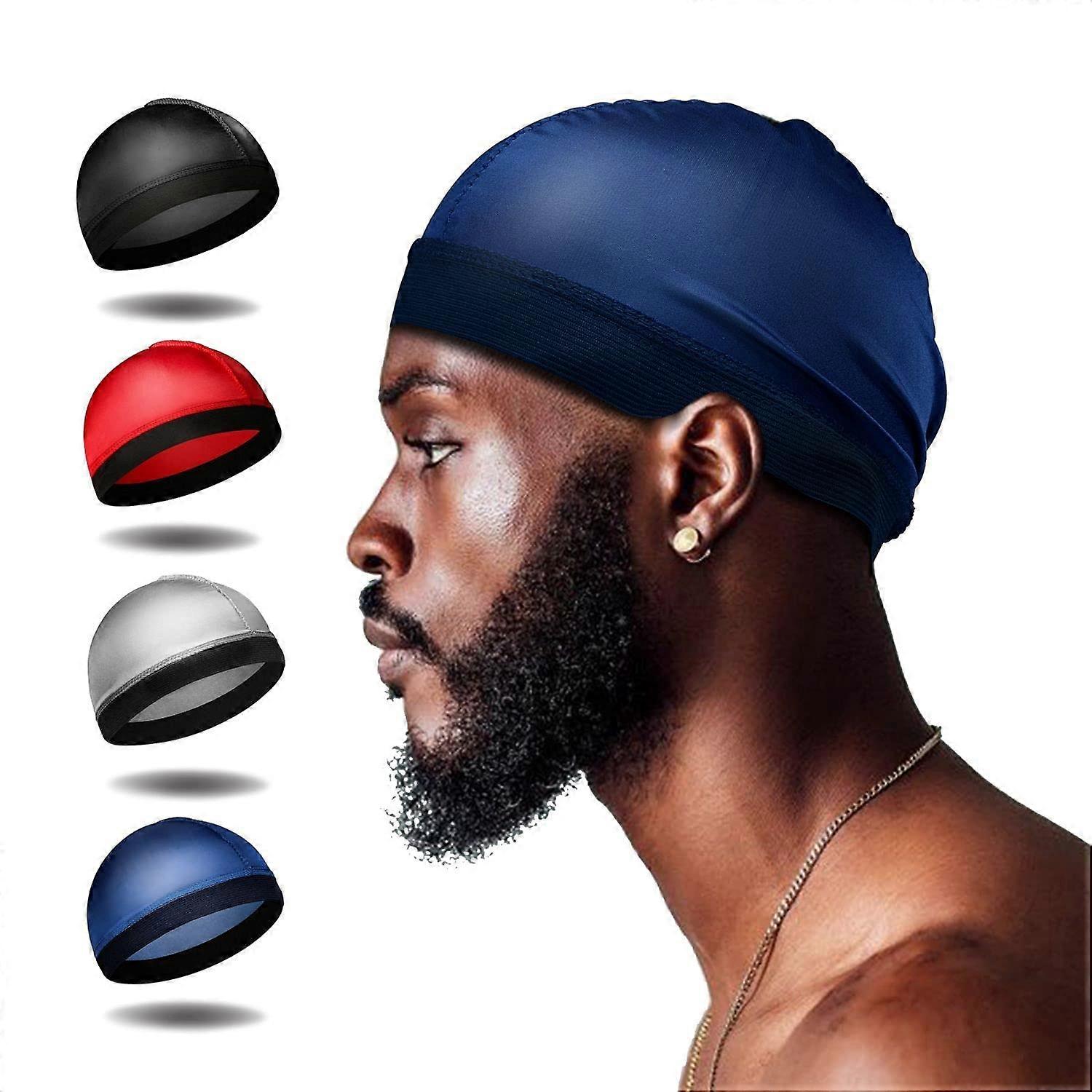 4Pcs Silk Stocking Wave Cap for 360 Waves and Silky Durag with Double Compression, Red Black Navy Silver