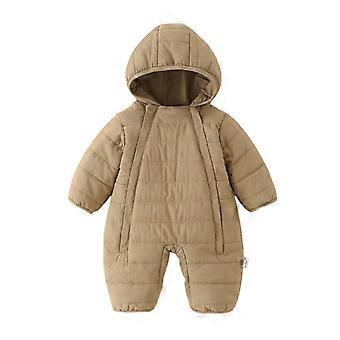 Macacão térmico grosso e felpudo com capuz para bebês, na cor cáqui, para meninos e meninas, manga longa, compatível com bebês a partir de 0 meses.