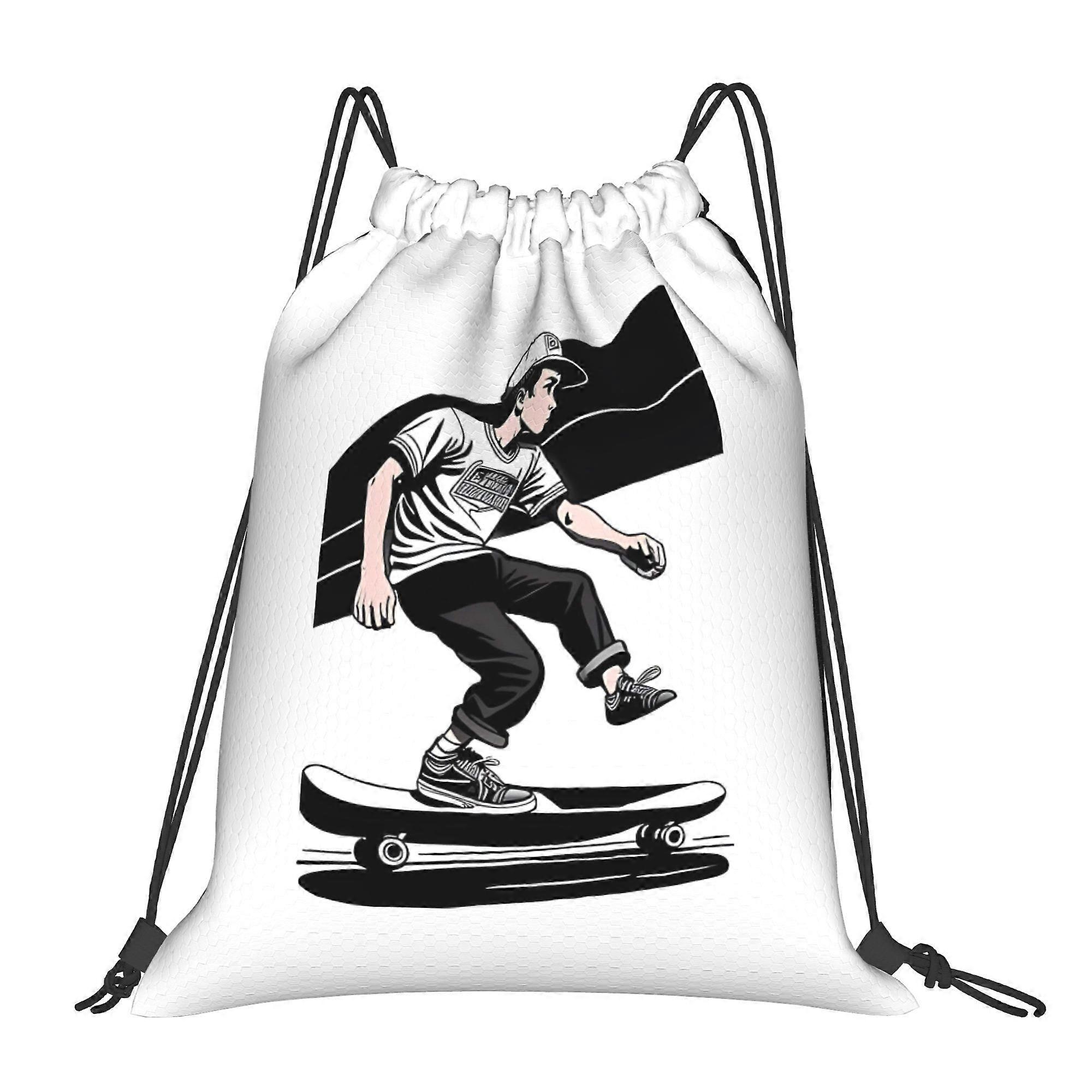 Skateboarder Drawstring Backpack - Black & White Cartoon Design, Durable Soft Shell with Practical Pockets, Adjustable D-Cqazw
