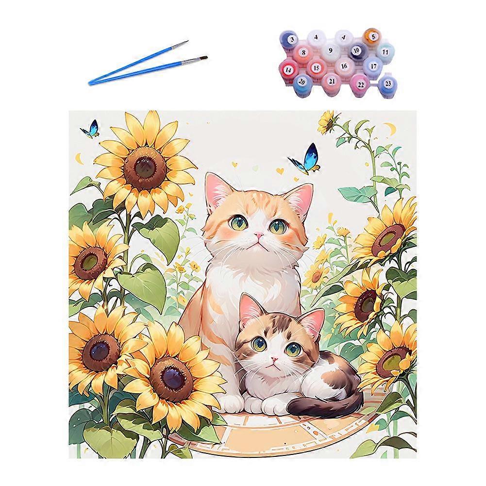 Sunflower Cat Paint by Numbers Kit - 20x20cm, Canvas, Beginner Friendly