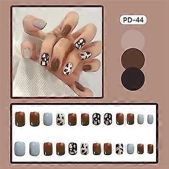 24pcs Kaffee Leopard Falsche Nägel Mädchen Französisch Stil Kurze Presse auf Nägel Tragbar Fertig