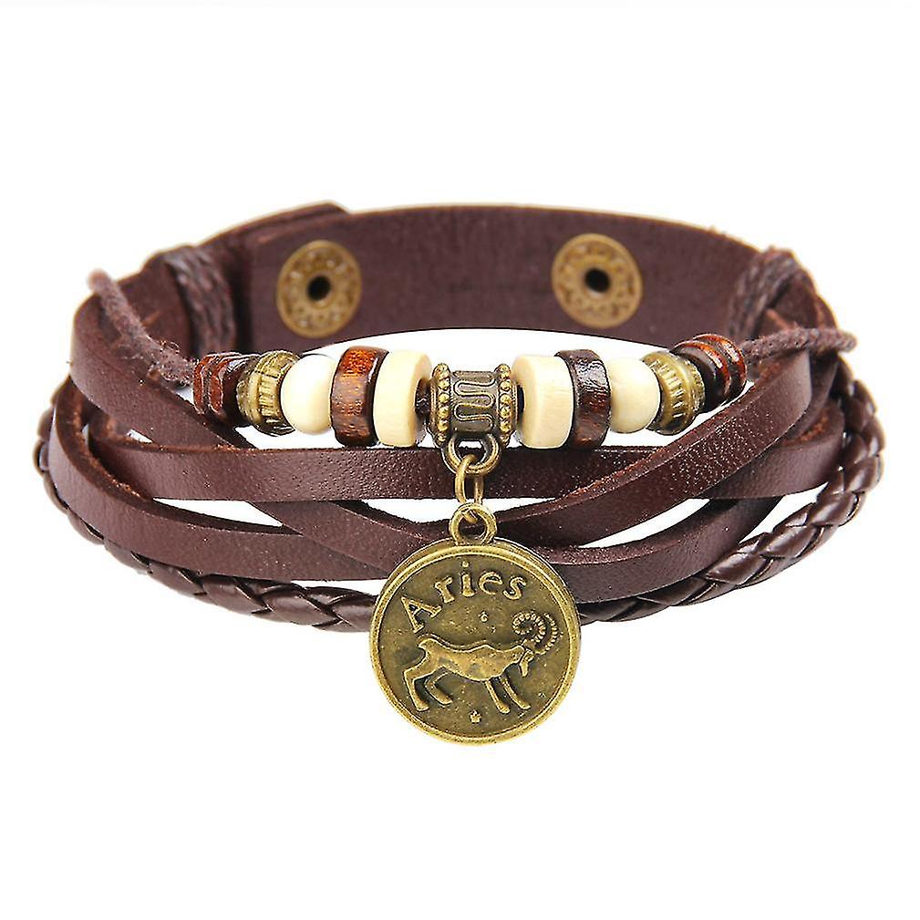 Narrow Constellation Cowhide Leather Bracelet With Bronze Pendant