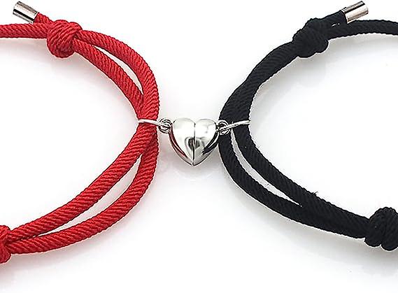 2pcs Magnetic Couple Bracelets Red Black Heart Magnet, Sun and