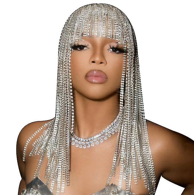 Tassel Rhinestone Cap Headpiece Silver Chain