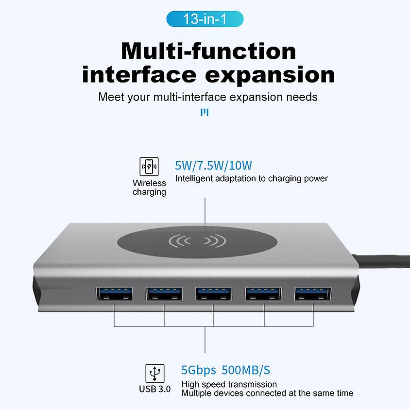 Gray Multi-Functional Type-C to HDMI RJ45 PD Fast Charging USB Hub Docking Station