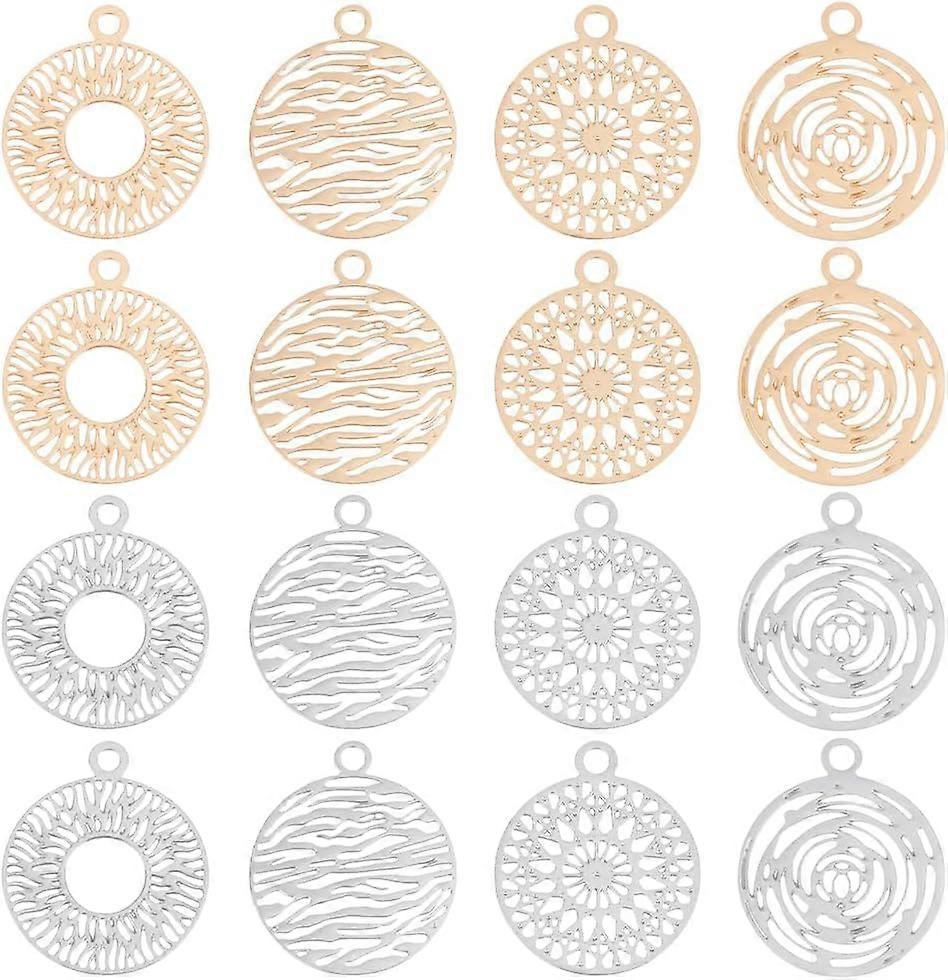 80 pcs 2 Colors 4 Style Flat Round Charms Flower Charms Brass Filigree Charms Metal Pendants Hollow Charms Flower Pendants for DIY Necklace Bracelet E