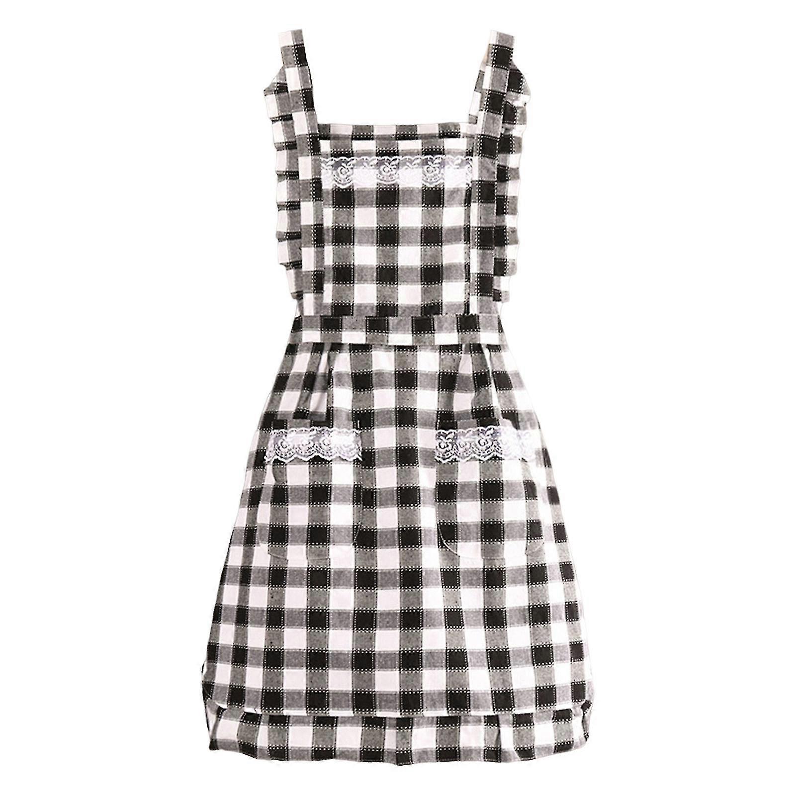 Sleeveless Baking Apron Plaid Print Lace Decor Short Double Layer Anti-oil Unisex Double Pockets Kitchen Apron For Bakery Kaesi