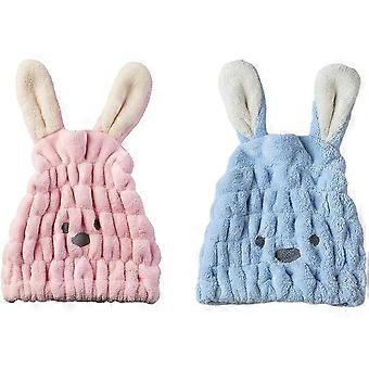2-Piece Hair Drying Cap Towel Microfiber Cartoon Rabbit and Cat Ears Super Absorbent Shower Caps