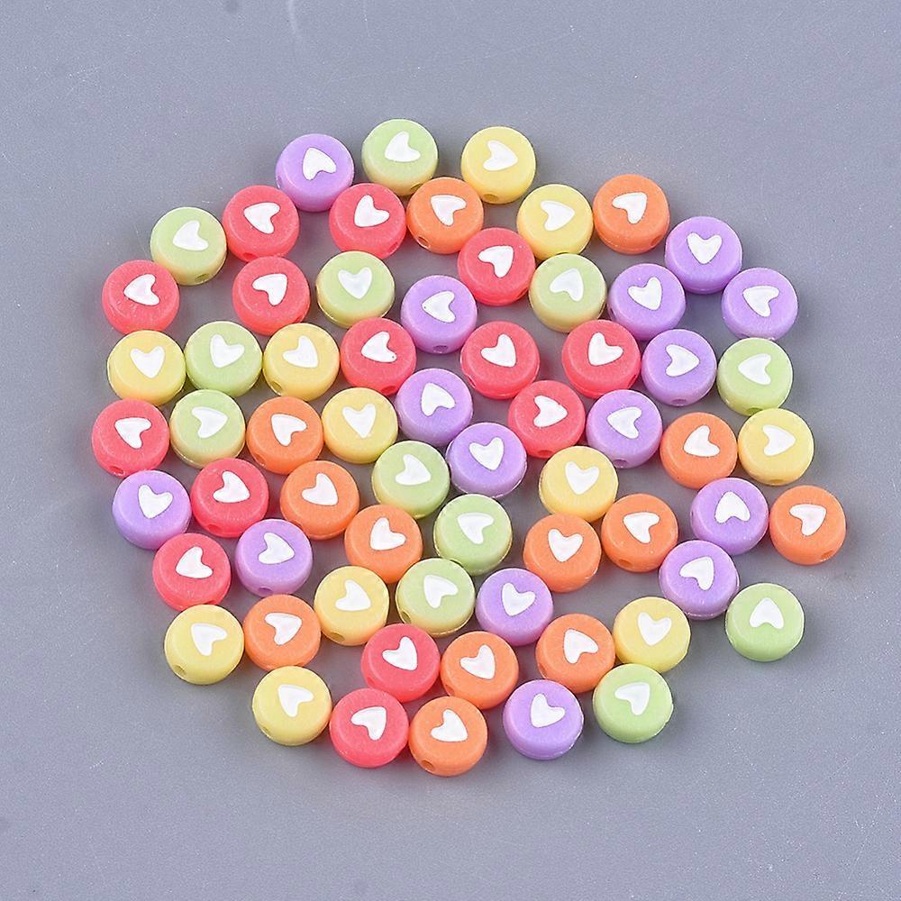 200pc Opaque Acrylic Beads Flat Round with Heart Mixed Color 7x4mm Hole: 1.5mm