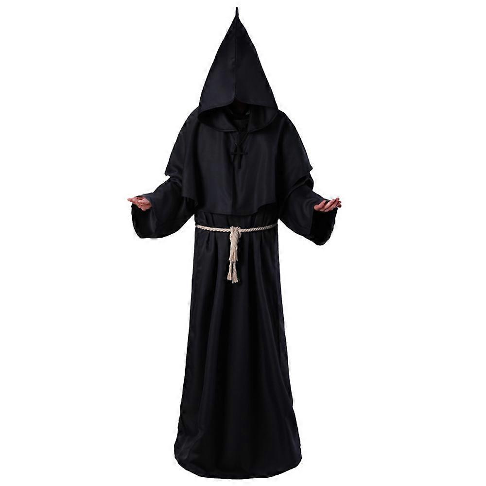 Halloween Men Monk Cosplay Robe Cloak Cape, Adult Rope Belt and Cross Necklace Set, Friar Medieval Priest Fancy Dress Outfit