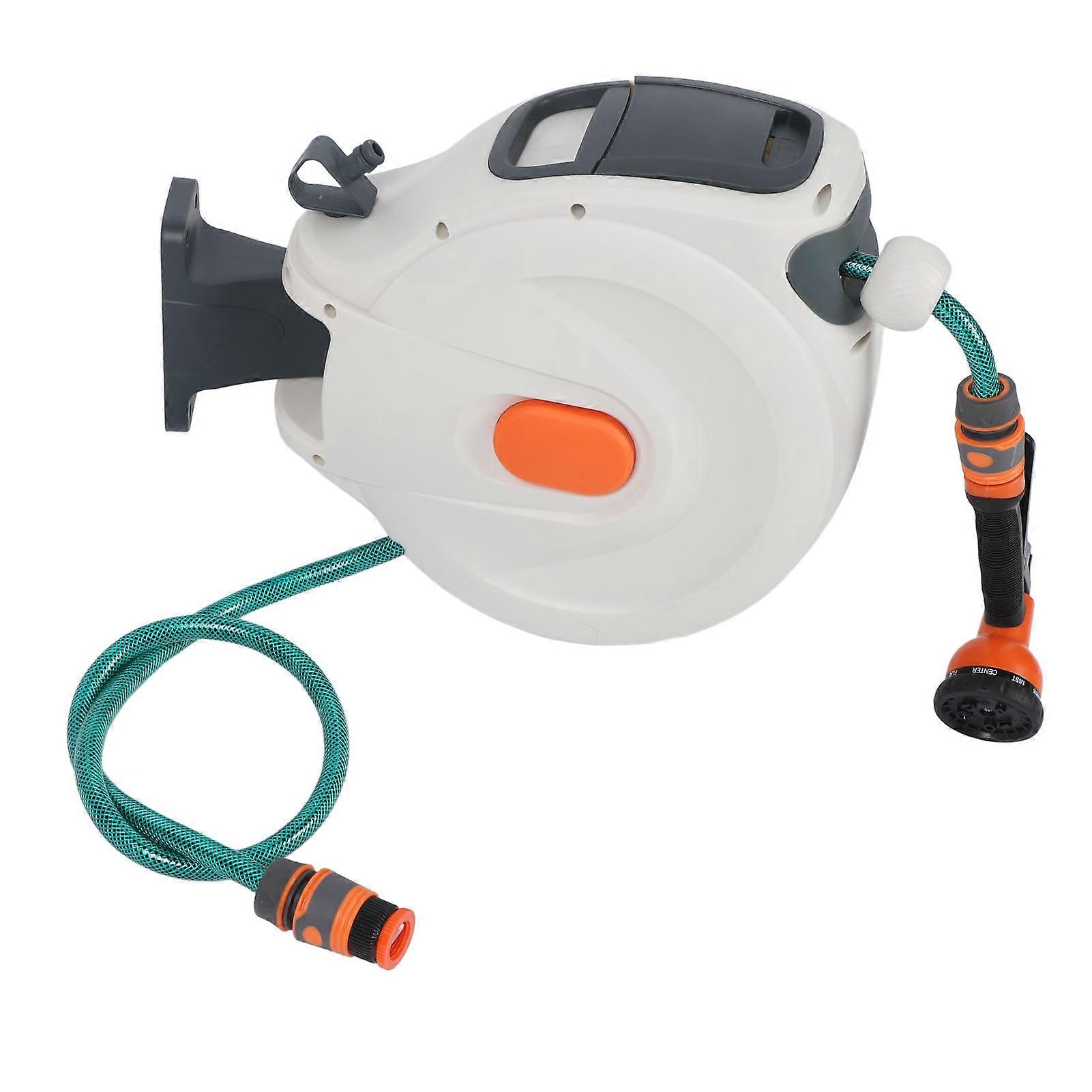 Retractable Garden Hose Reel Free Standing Wall Mount with Sprayer Nozzle Any Length Lock Slow Return 180 Swivel 10m