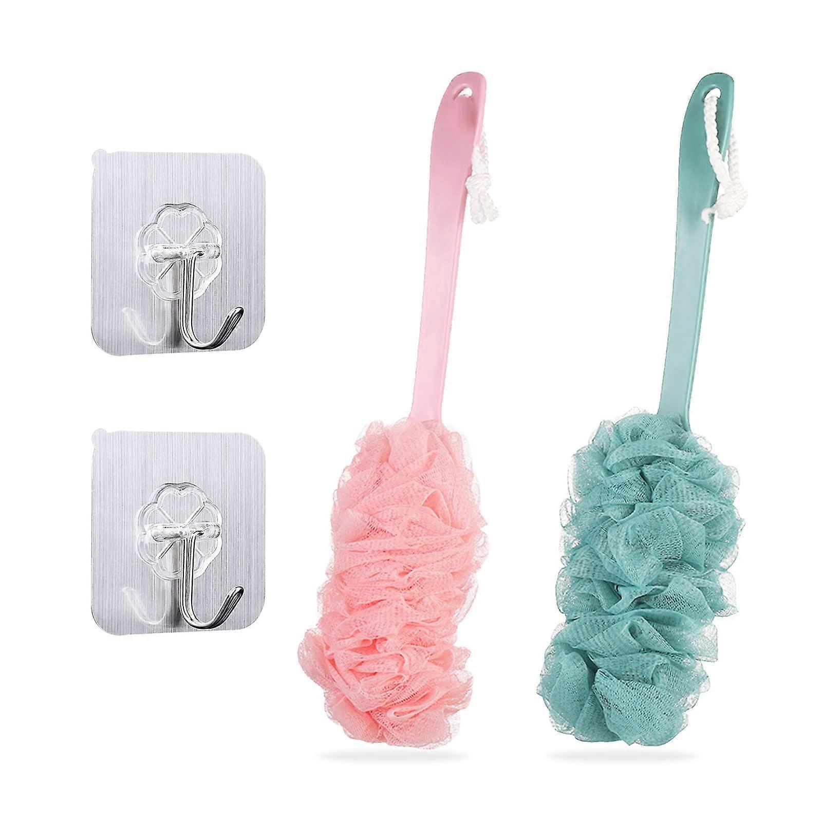 2 Pieces Long Handle Bath Brush, Shower Body Brushes with Bath Net Sponge Soft Mesh, Back Brush Scrubber Shower