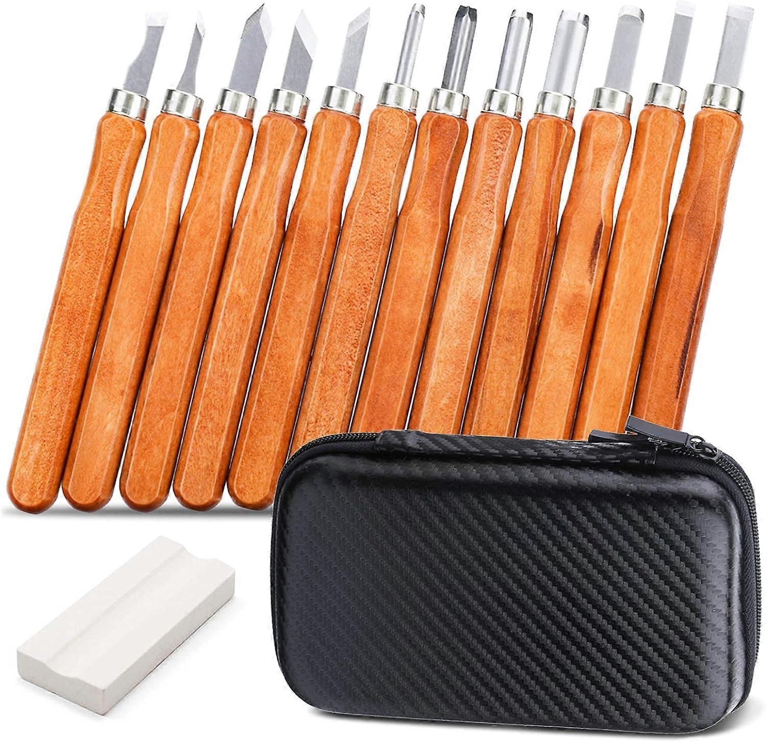 Woodworking Chisels, Engraving Tool Kit, Steel Chisel with Wooden Handle, for Beginner/Hobbyist/DIY/Carver/Wax/Pottery, with Whetstone/Storage Bag