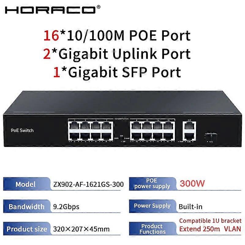 19-Port-POE-Switch 10/100Mbps Fast Switcher mit AI Watchdog VLAN-Netzwerk-Switch für IP-Kamera, Wireless AP, POE-Kamera