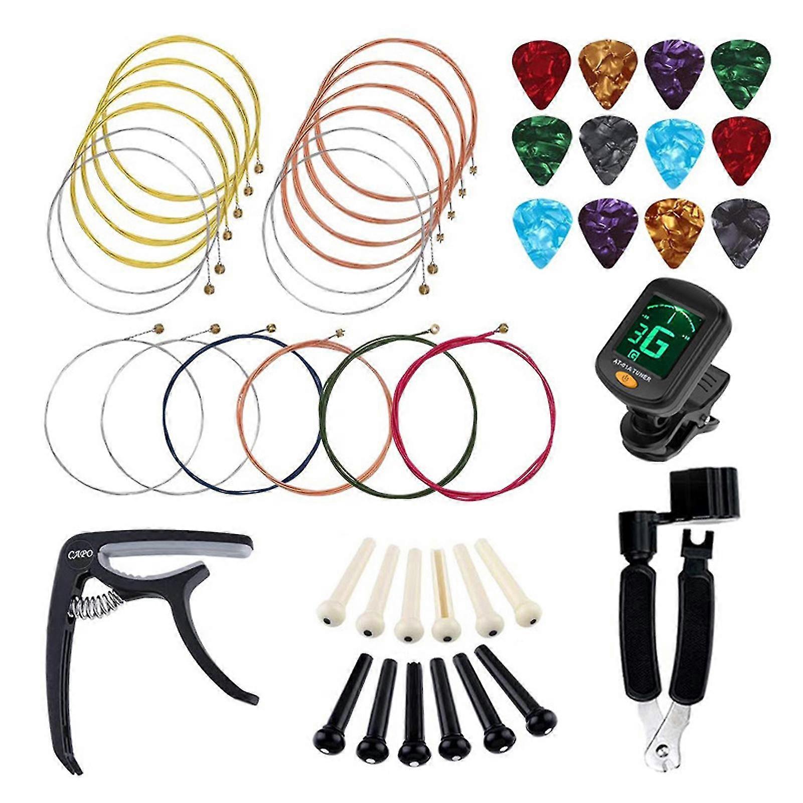 45Pcs Guitar Accessories Set String Capo Bridge Pins Pick Replacement Playing Auxiliary Tool