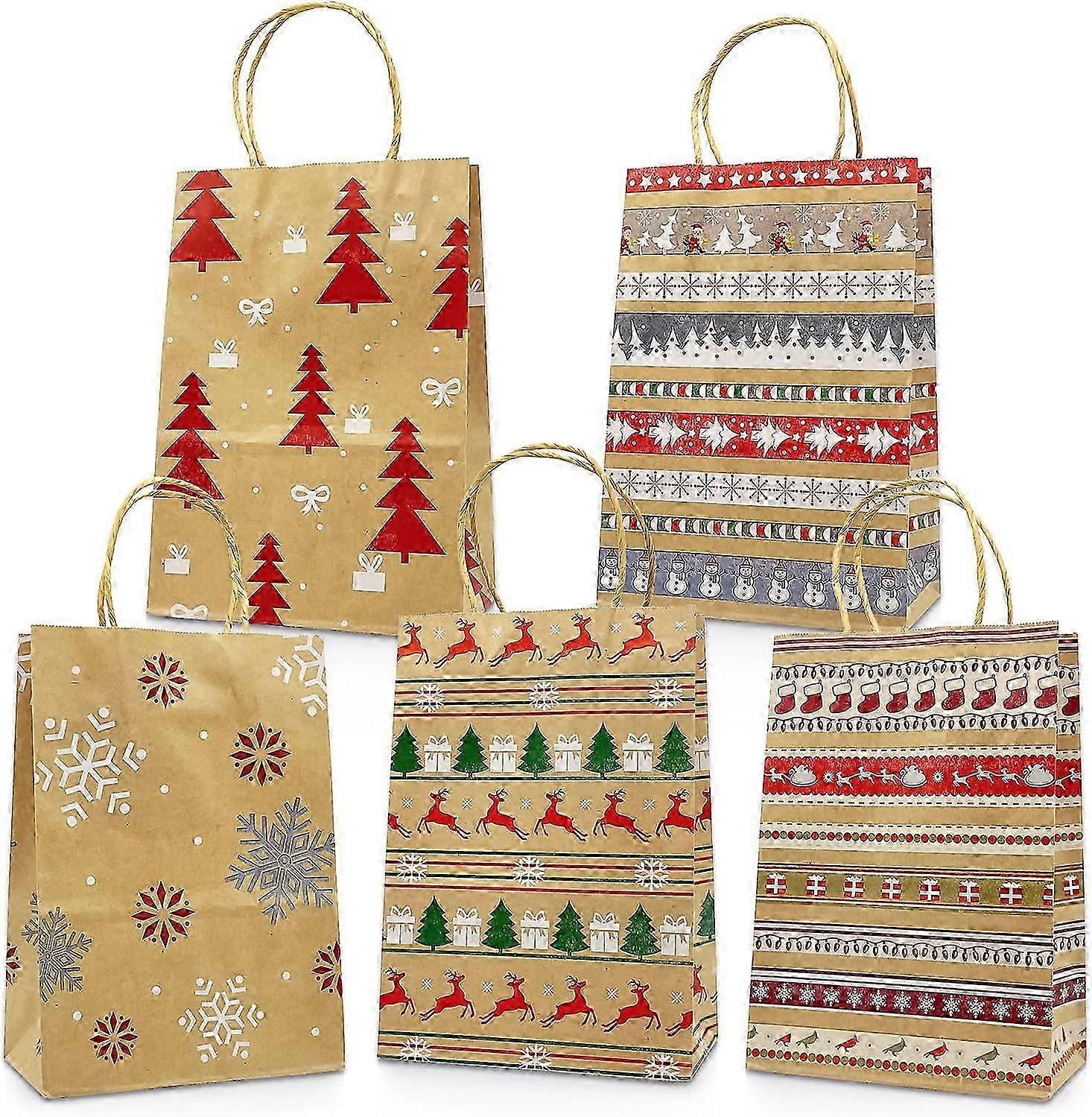 Christmas Kraft Gift Bags 20 Count Assorted Styles Bags Xmas Bags with Handles Christmas Goody Bags with Christmas Prints for Xmas Gift Wrapping Chris
