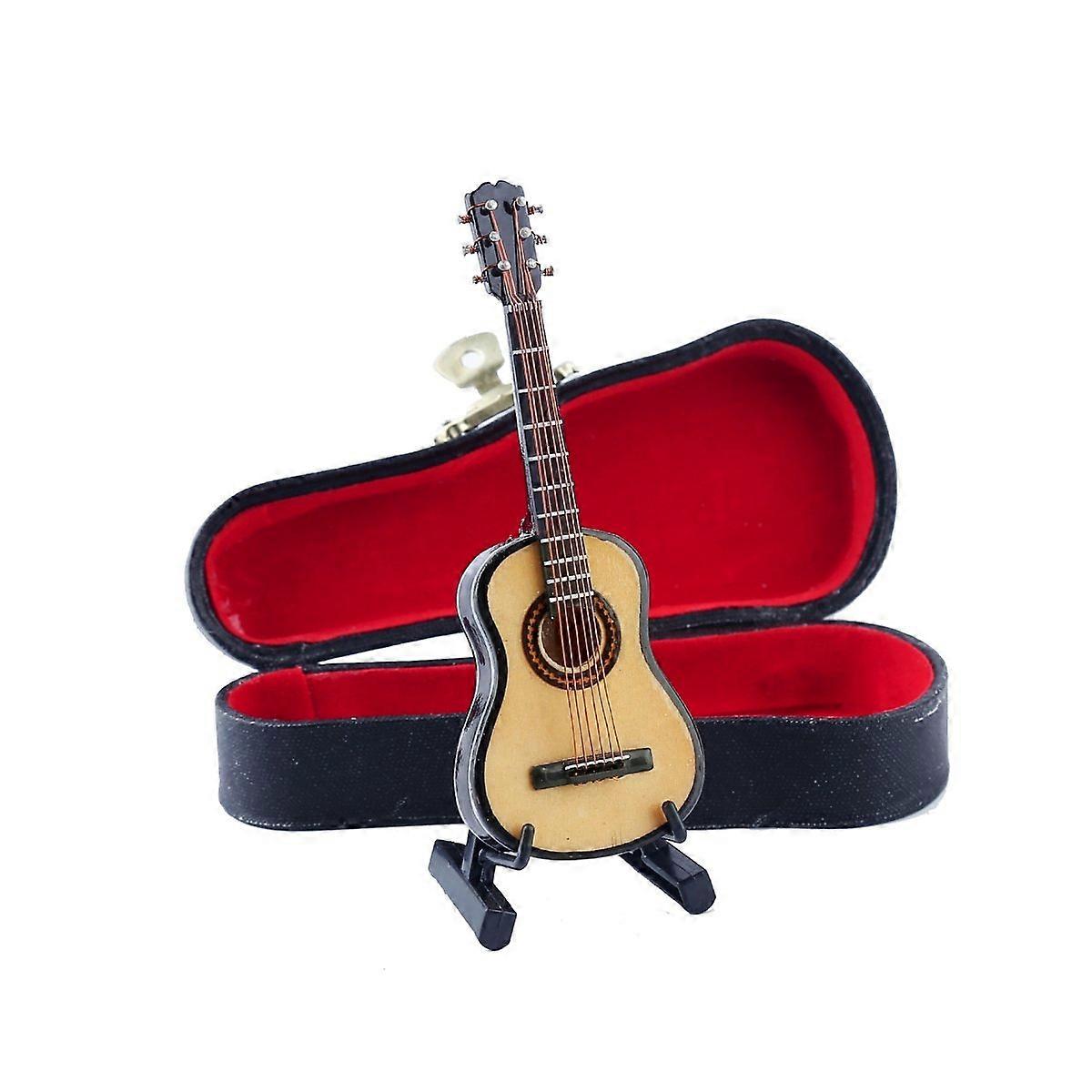 Nowości w 2023 r., Drewniana miniaturowa gitara ze stojakiem i futerałem Mini instrument muzyczny Miniaturowy model domku dla lalek Dekoracja wnętrz (3,94 "x 1,42" x 0,59 ")