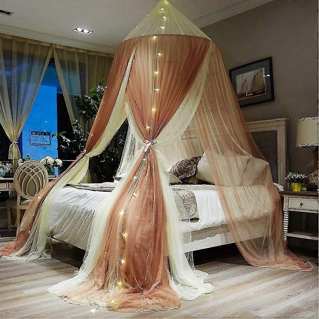 Contrast Color Bed Curtain Double Layer Polyester Sheer Mesh Dome Bed Canopy Round Hoop Princess Mosquito Net For Twin Full Queen King Size Bed
