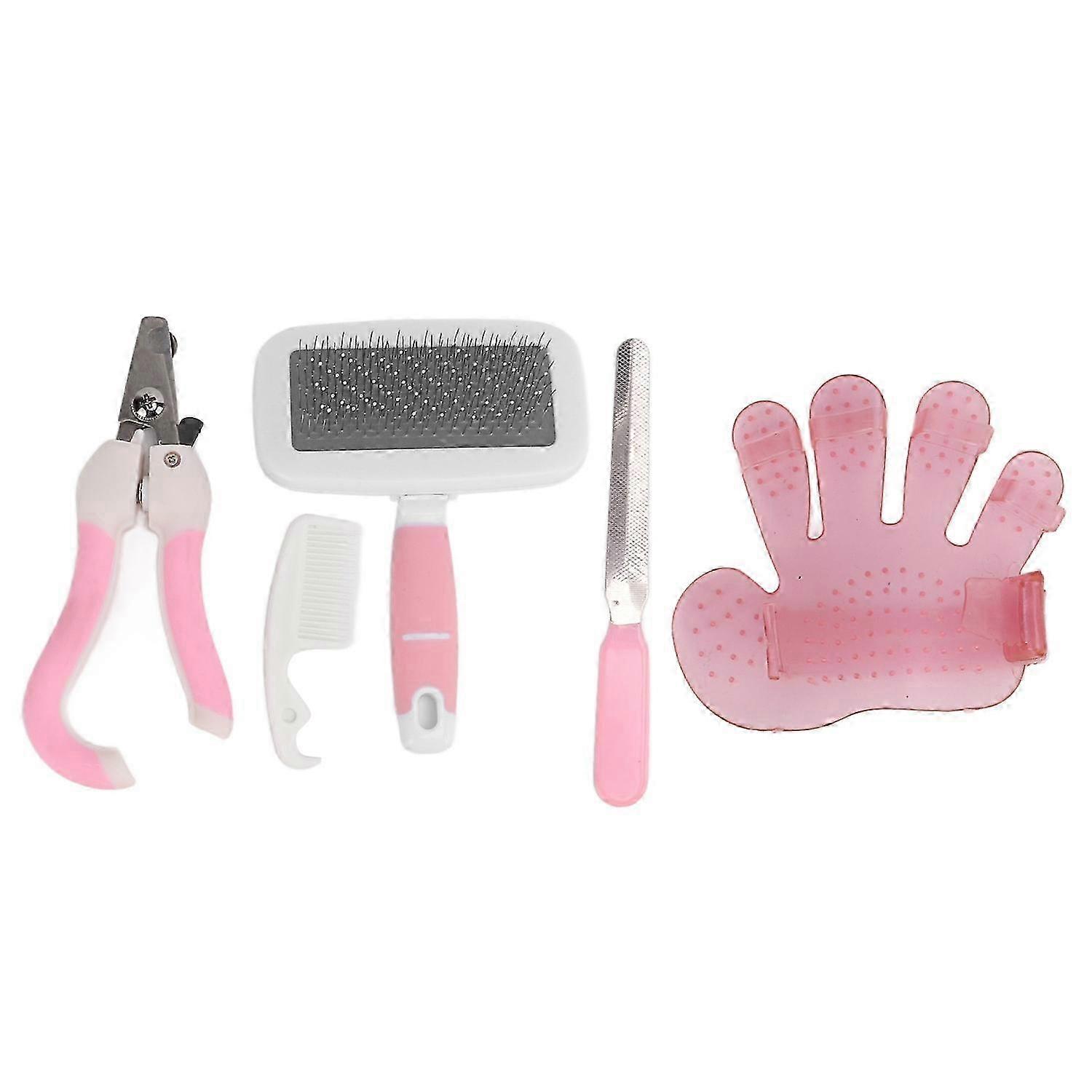 Rabbits Grooming Kit Bath Brush Comb Needle Comb Nail Clipper Nail File Set for Small AnimalS Pink